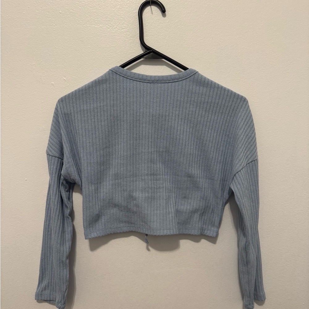 Blue Ribbed Button-Up Crop Top For Girls - Picture 2 of 2